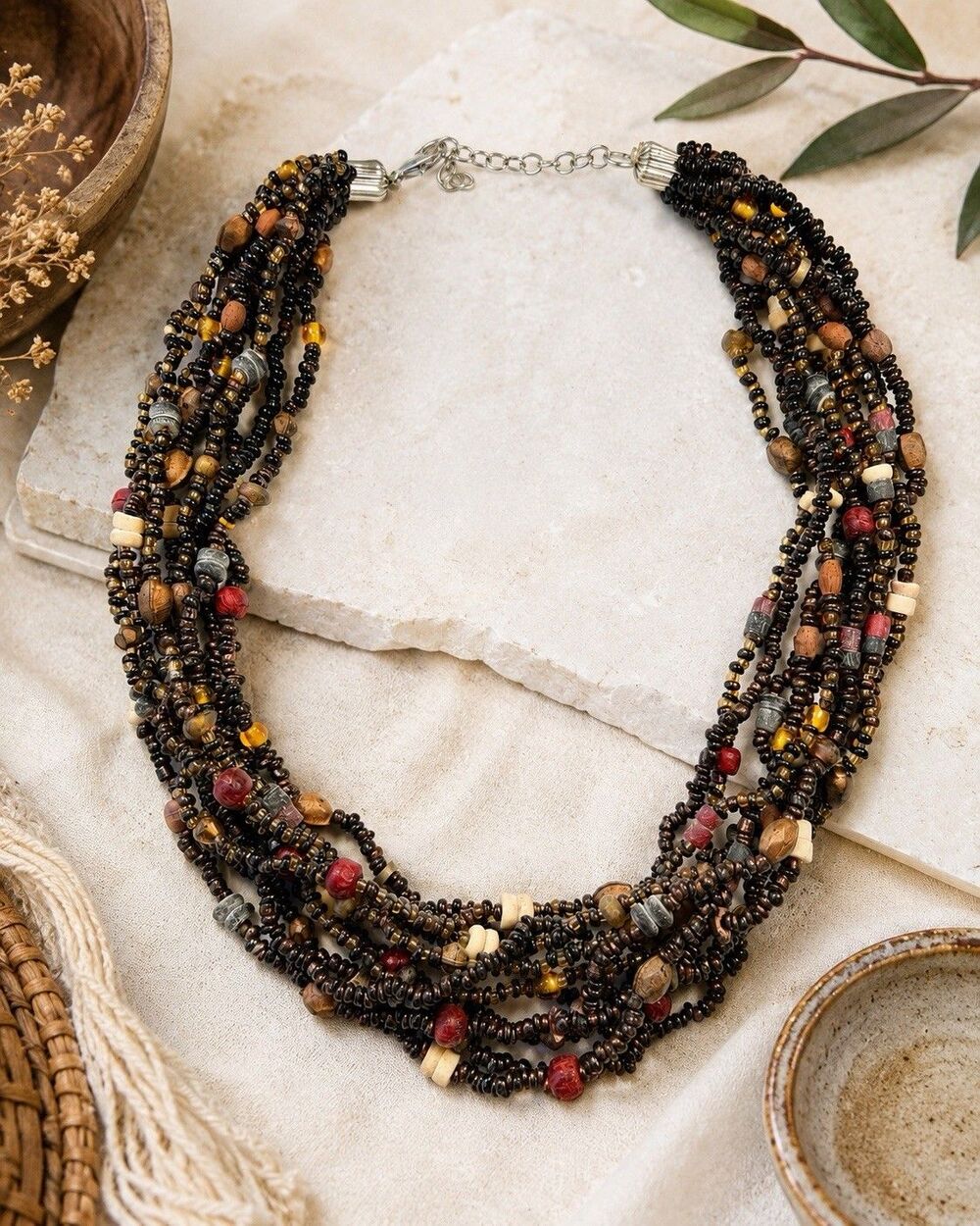 Vintage Boho Multi Strand Seed Bead Wood Necklace Tribal Ethnic Statement 1970s